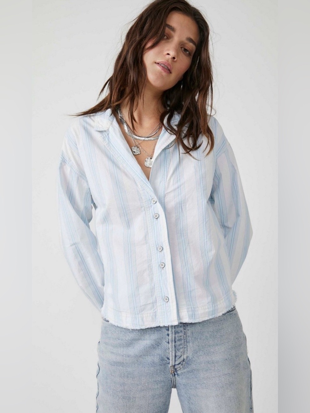 Free People Pale Blue & White Striped Button-Front Shirt